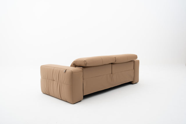 2-Seater brown leather sofa with dual power recliners, adjustable headrests, built-in USB port, & Bluetooth audio feature