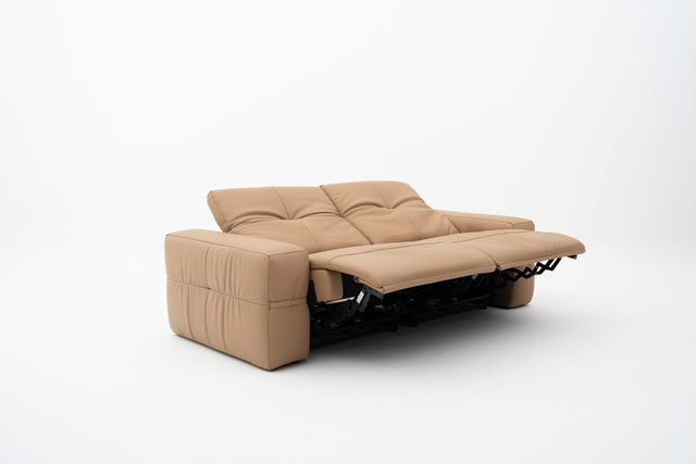 2-Seater brown leather sofa with dual power recliners, adjustable headrests, built-in USB port, & Bluetooth audio feature