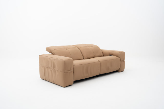 2-Seater brown leather sofa with dual power recliners, adjustable headrests, built-in USB port, & Bluetooth audio feature