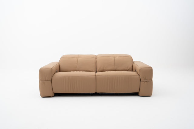 2-Seater brown leather sofa with dual power recliners, adjustable headrests, built-in USB port, & Bluetooth audio feature