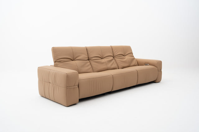 3-Seater brown leather sofa with dual power recliners, adjustable headrests, built-in USB port, & Bluetooth audio feature