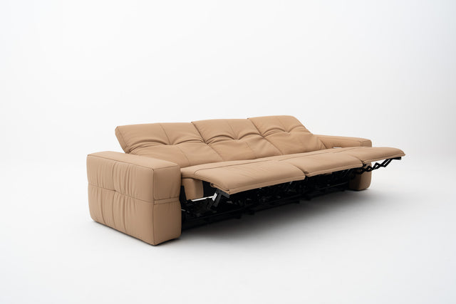 3-Seater brown leather sofa with dual power recliners, adjustable headrests, built-in USB port, & Bluetooth audio feature