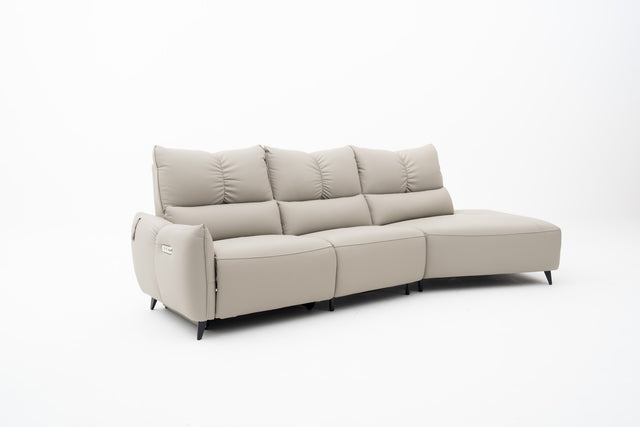 3-Seater almond grey leather smart sofa with voice-activated power recliner seat & USB ports