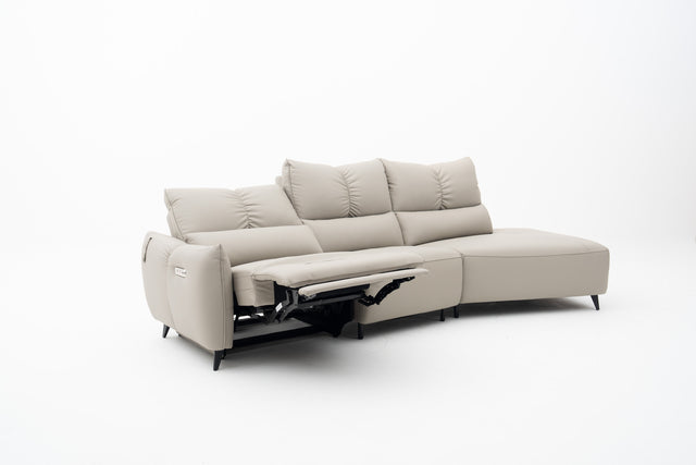 3-Seater almond grey leather smart sofa with voice-activated power recliner seat & USB ports
