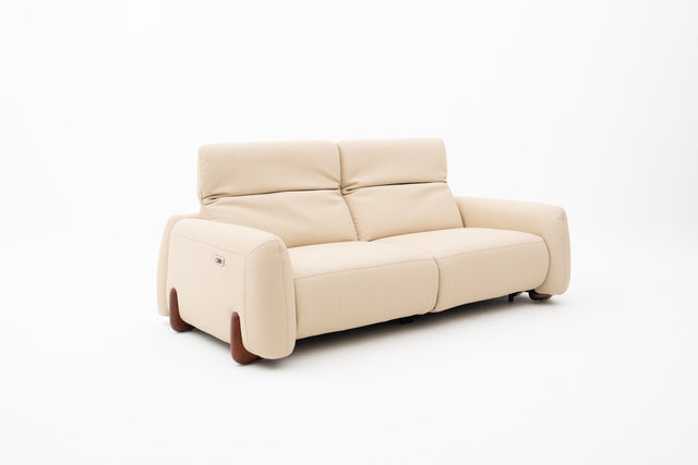 2-Seater beige leather power incliner sofa with wooden legs