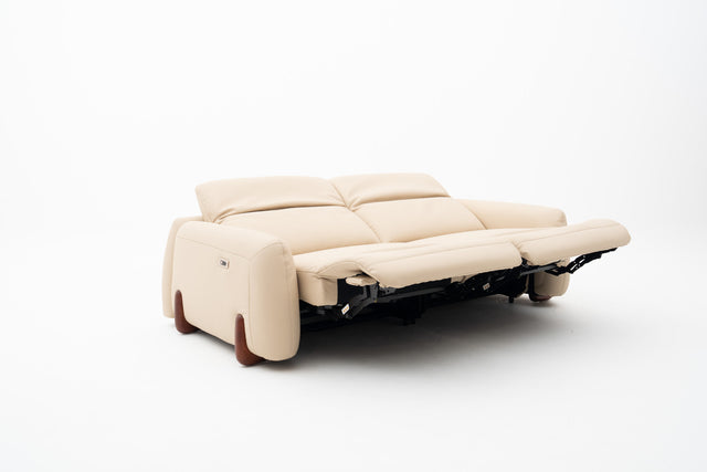 2-Seater beige leather power incliner sofa with wooden legs