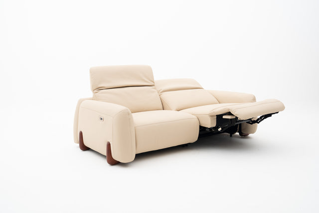 2-Seater beige leather power incliner sofa with wooden legs