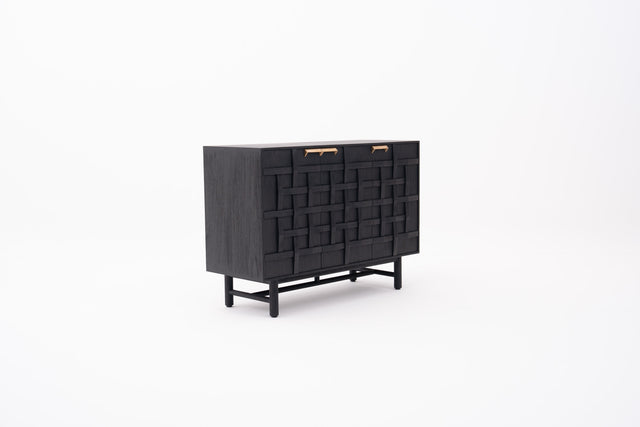 Black lattice-patterned sideboard with brass gold handles
