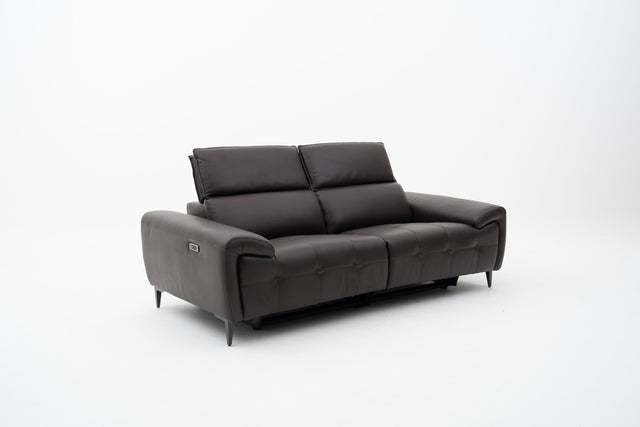 2-Seater brown leather power recliner sofa with seat tufting accent