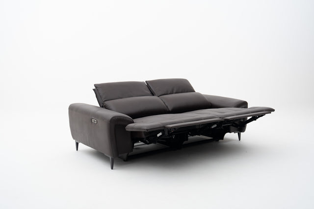 2-Seater brown leather power recliner sofa with seat tufting accent