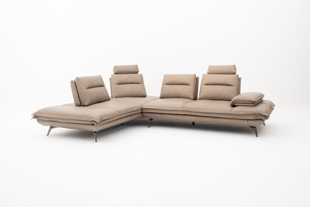 Taupe leather modular corner sofa with push-back seats, adjustable headrests & extendable armrest