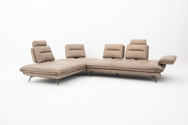 Taupe leather modular corner sofa with push-back seats, adjustable headrests & extendable armrest