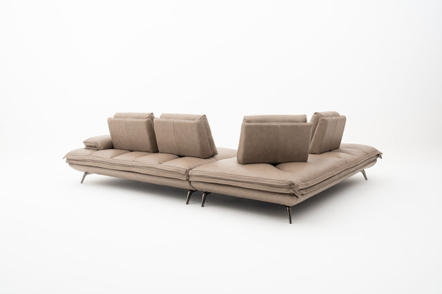 Taupe leather modular corner sofa with push-back seats, adjustable headrests & extendable armrest