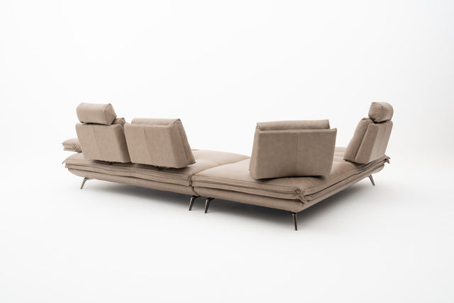 Taupe leather modular corner sofa with push-back seats, adjustable headrests & extendable armrest