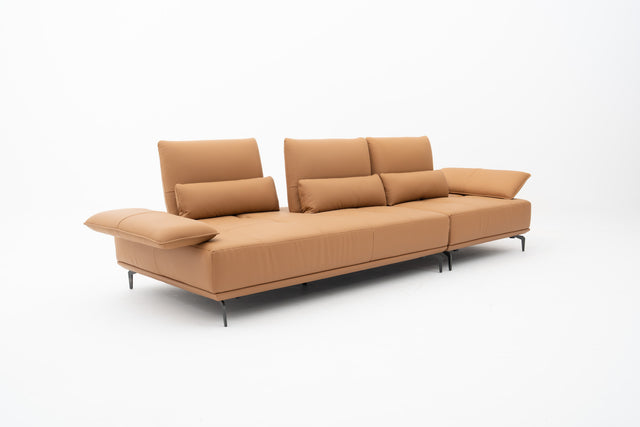 3-Seater brown leather push-back sofa with adjustable armrests